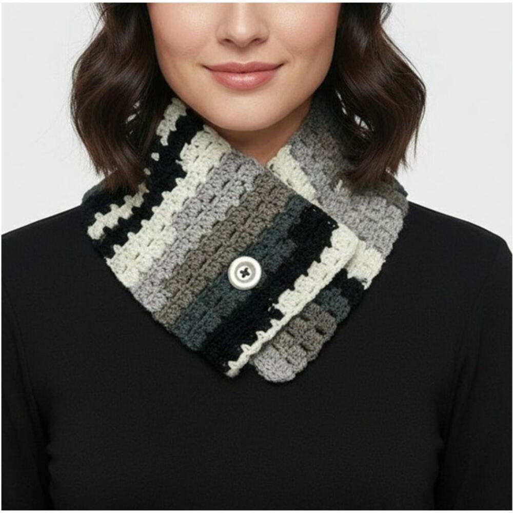 Handknit Handmade Buttoned Neck Warmer Completed Knit Scarf Black Gray White